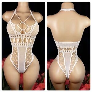 NEW White Fishnet Strappy Lingerie Bodysuit